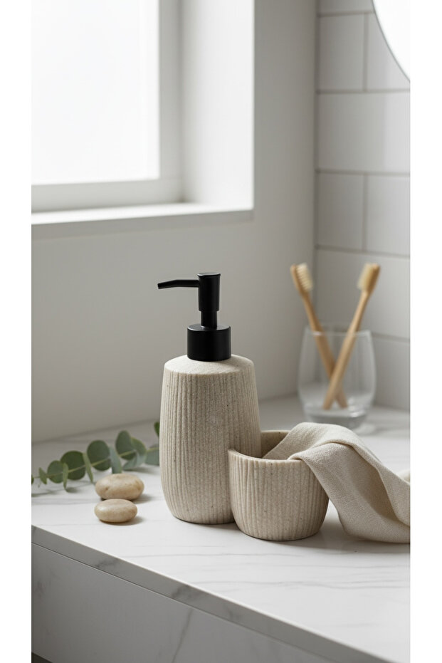 Polyresin Liquid Soap Dispenser & Sponge Holder Set - Modern Striped Design Kitchen Bathroom Organizer 19X15Cm Beige