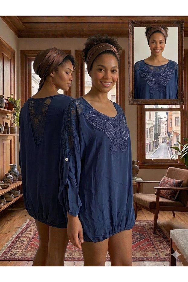 Women's Italian Navy Blue Round Sequined Butterfly Embroidered Silk Blouse with Lace Detail on the Back and Elasticated Skirt
