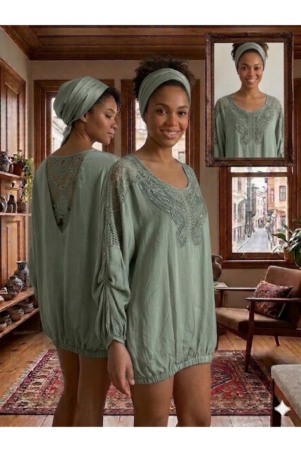 Women's Italian Khaki Round Sequin Butterfly Embroidered Silk Blouse with Lace Detail on the Back and Elasticated Skirt