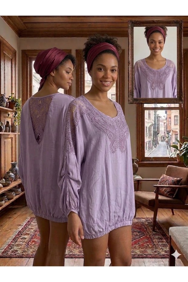 Women's Italian Lilac Round Sequin Butterfly Embroidered Silk Blouse with Lace Detail on the Back and Elasticated Skirt