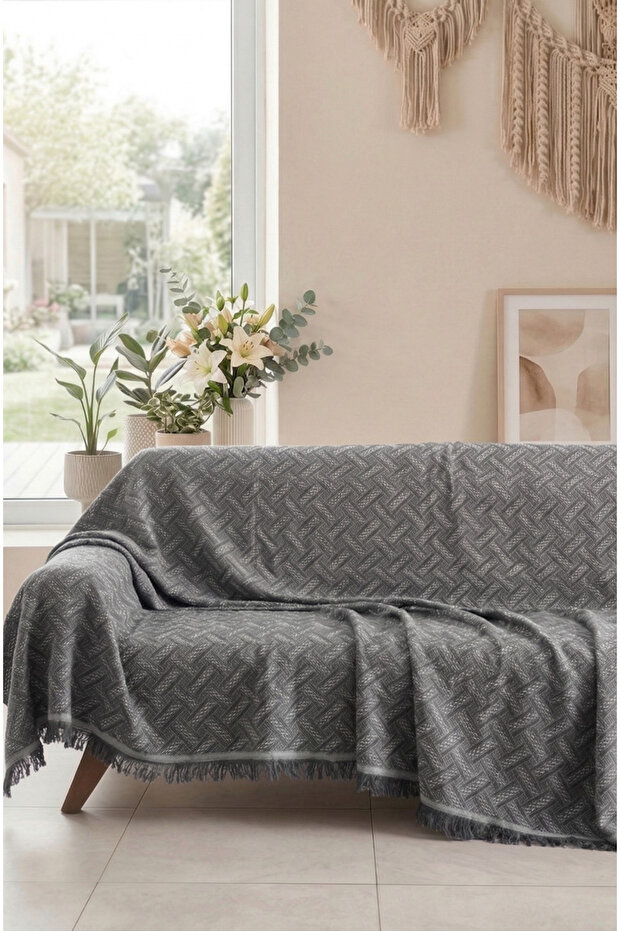 Cotton Sofa Cover with Fringes | Multi-Purpose Cover | Sofa Shawl | Does Not Close the Arms | 170X220 cm