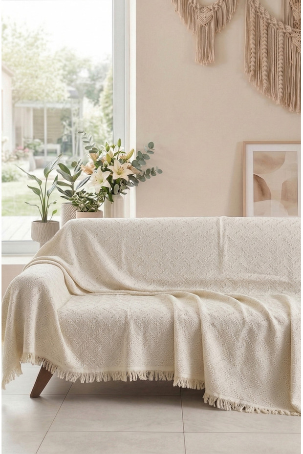 Cotton Sofa Cover with Fringes | Multi-Purpose Cover | Sofa Shawl | Does Not Close the Arms | 170X220 cm
