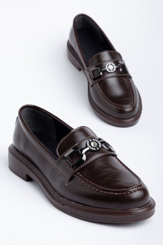Naty Rome Brown Patent Leather Buckle Detail Women's Loafer Shoes