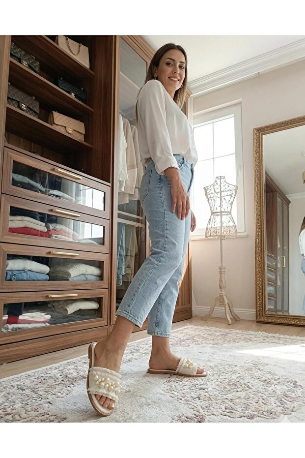 İnci Getaylı Casual Straw Slippers