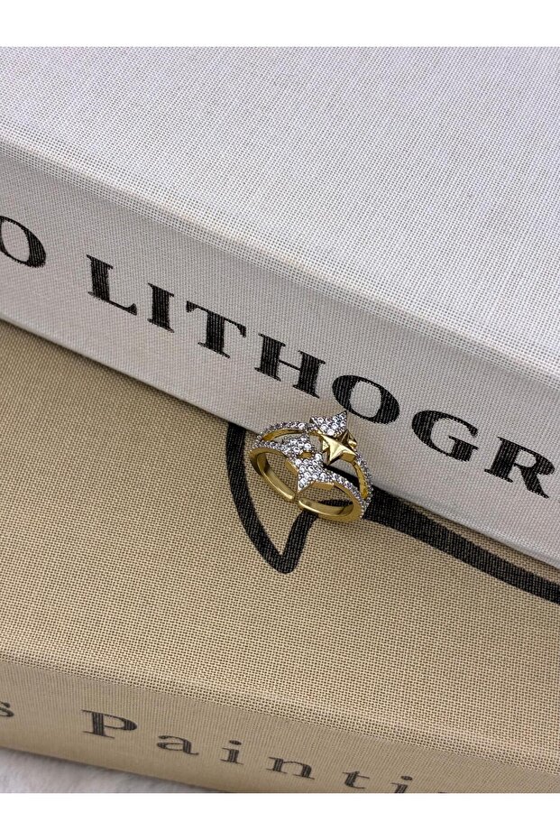 Gold Color Double Row North Star Detailed Zircon Stone Special Series Adjustable Brass Ring T4