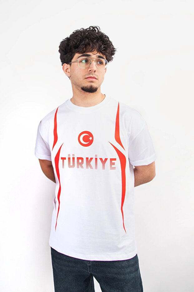 تي شيرت أبيض كبير الحجم مطبوع عليه تركيا للجنسين