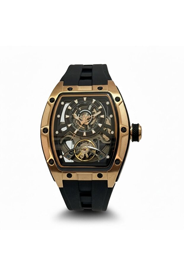 Phantom Skeleton Automatic Watch for Men Luxury Tonneau Dial, Black Silicone Strap,