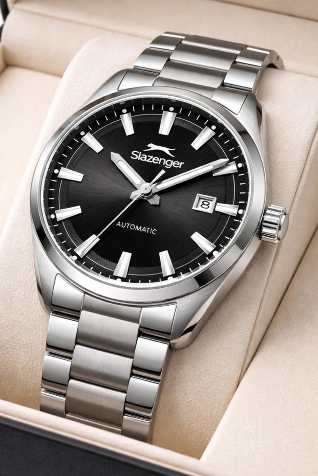 Automatic Mechanism Steel Cord, Steel Case Men Wristwatch Wrist Bracelet Gift Silver-Black
