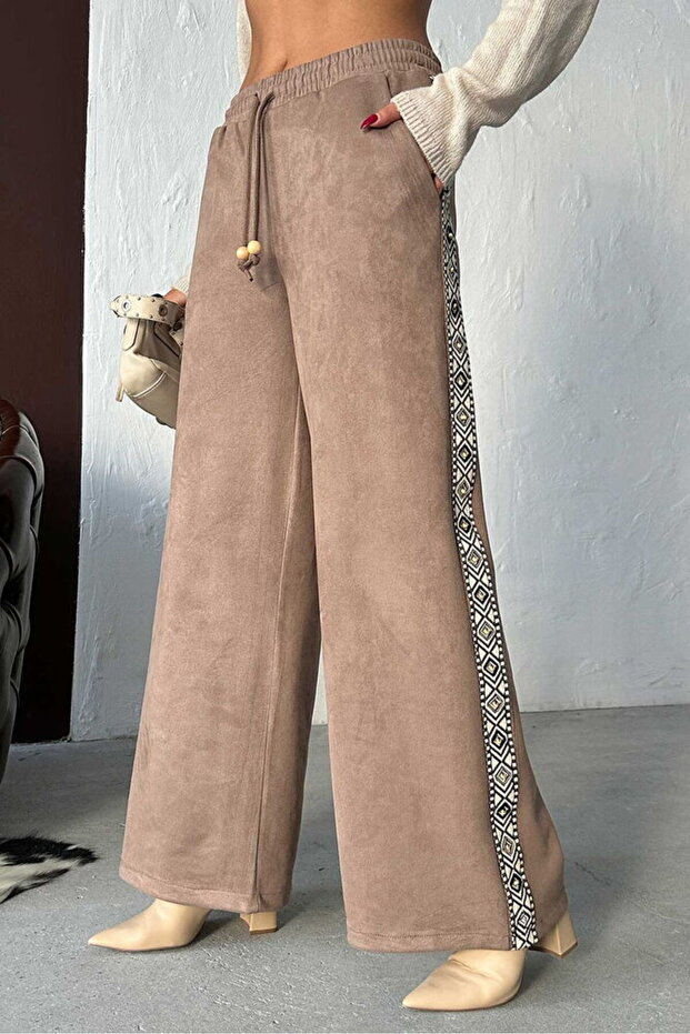 Striped Detailed Scuba Suede Trousers - | F1972 - Light Brown