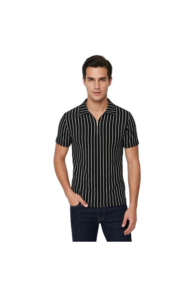 Striped Zippered Polo Collar Men's T-Shirt Zartem Black