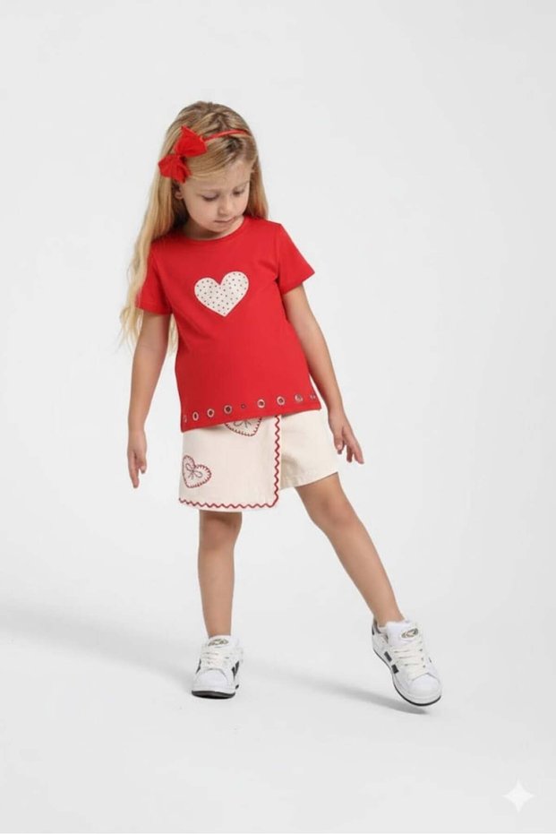 Girl's Heart Detailed T-Shirt 36230 Red
