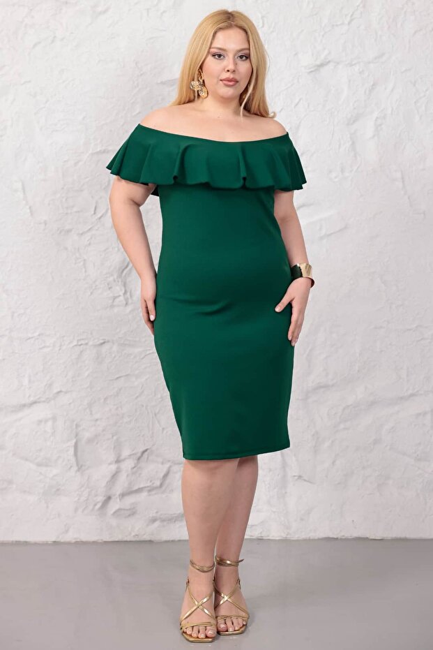 Women's Plus Size Shoulder Ruffle Detailed Madonna Collar Stretchy Dress