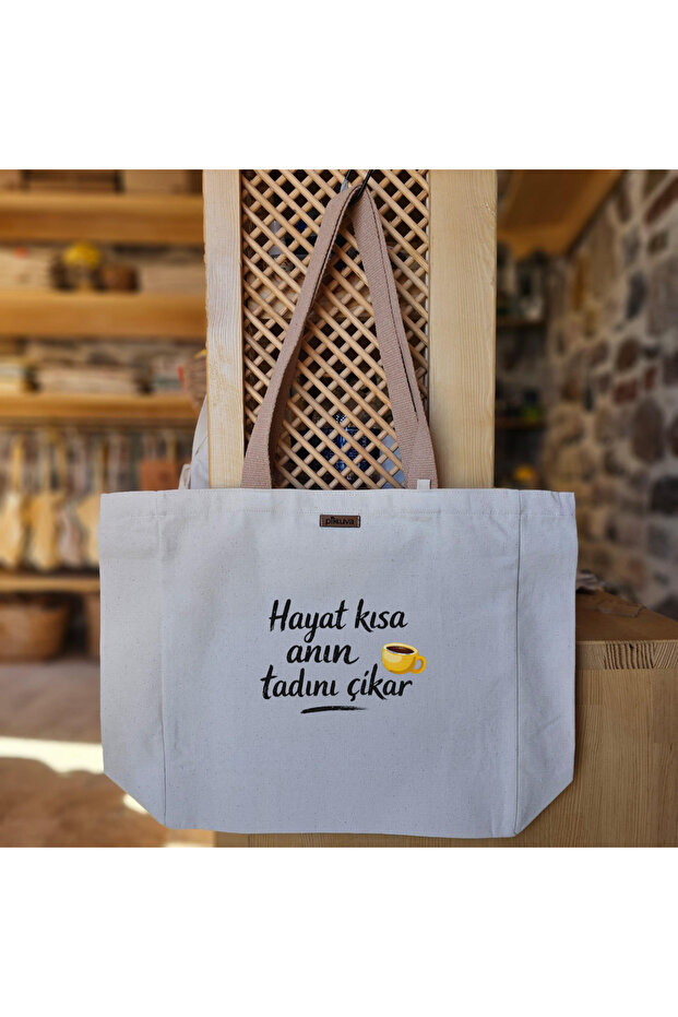 Enjoy the Moments with Coffee Printed Natural Canvas Tote Bag with Open Handle and White Velcro - Large