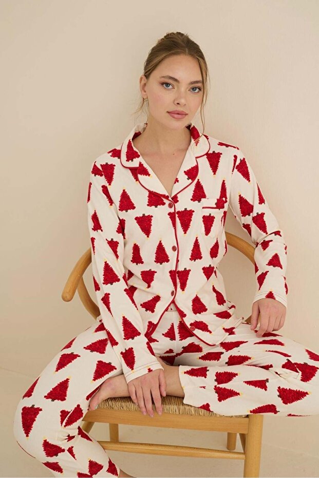 Patterned Pajama Set Ecru