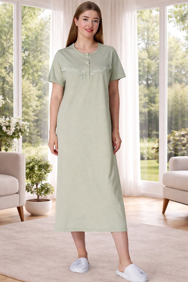 New Season Green Summer Crew Neck Design Buttoned 100% Cotton Large Size Nightgown