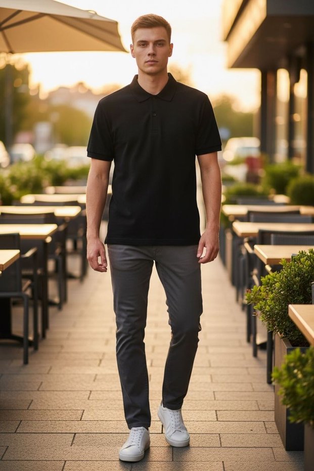 Regular Fit Cut Plain Polo Collar Short Sleeve T-Shirt