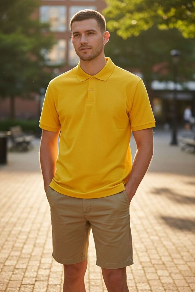 Regular Fit Cut Plain Polo Collar Short Sleeve T-Shirt