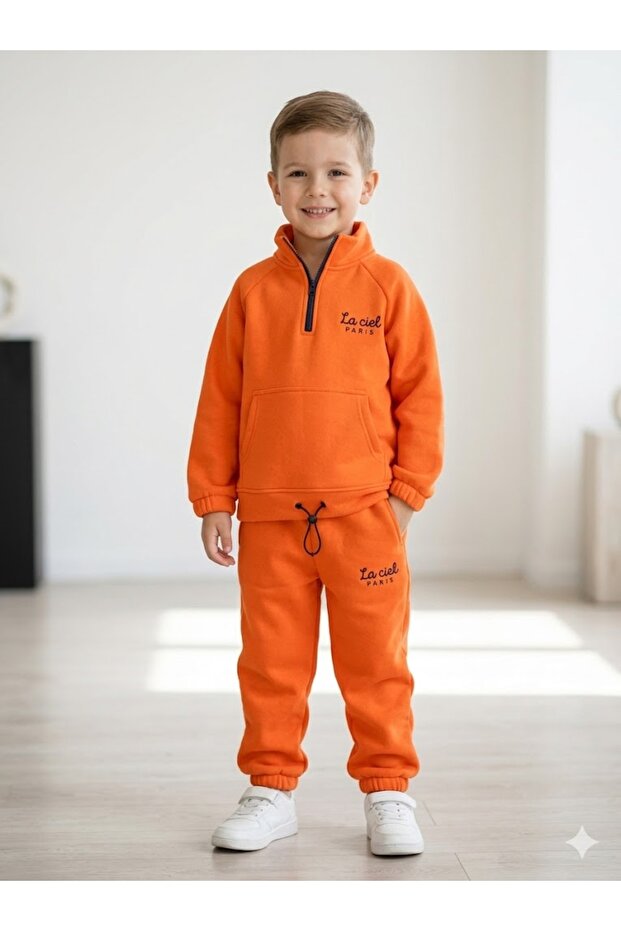 Boy's Orange Half-Zipper Embroidered Detailed Tracksuit Set - La Ciel Paris