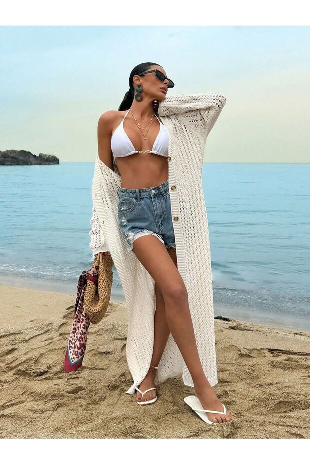 Openwork Beach Kimono Sleeves Front Buttoned Women's Jacket Dress
