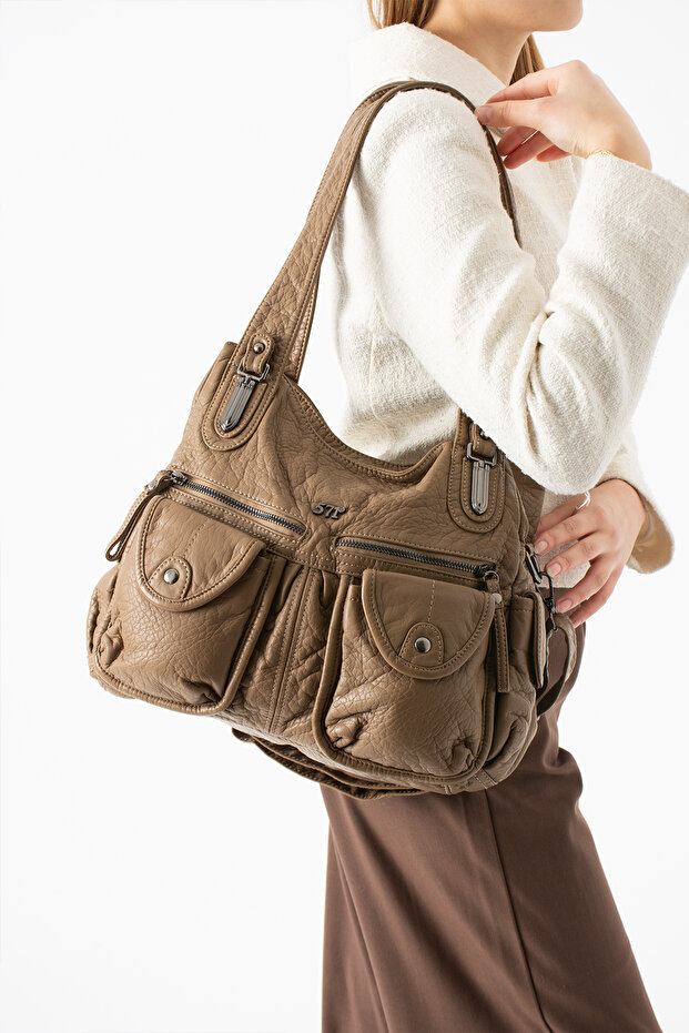 571 Imported Washed Leather Crossbody and Shoulder Bag with 9 Compartment Front Pockets (Width 30 cm Length 25 cm)
