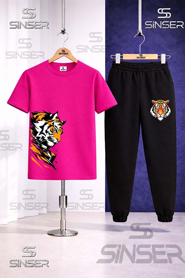 Children's Tiger Sag Looking Head Printed T-Shirt Tracksuit Set