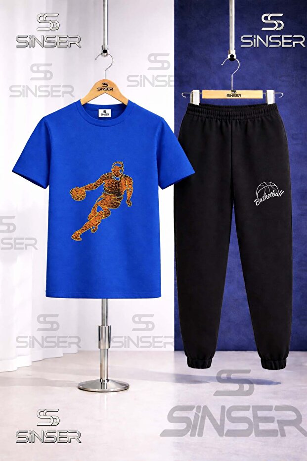 Children's Basketball Player Flame Printed T-Shirt Tracksuit Set