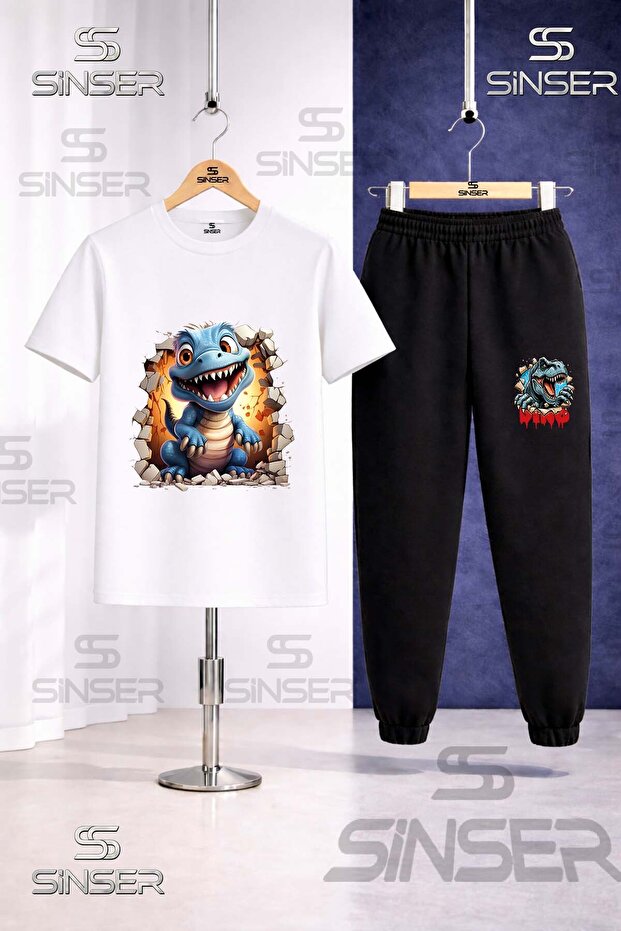 Children's Dinosaur Blue Dinosaur Printed T-Shirt Tracksuit Set