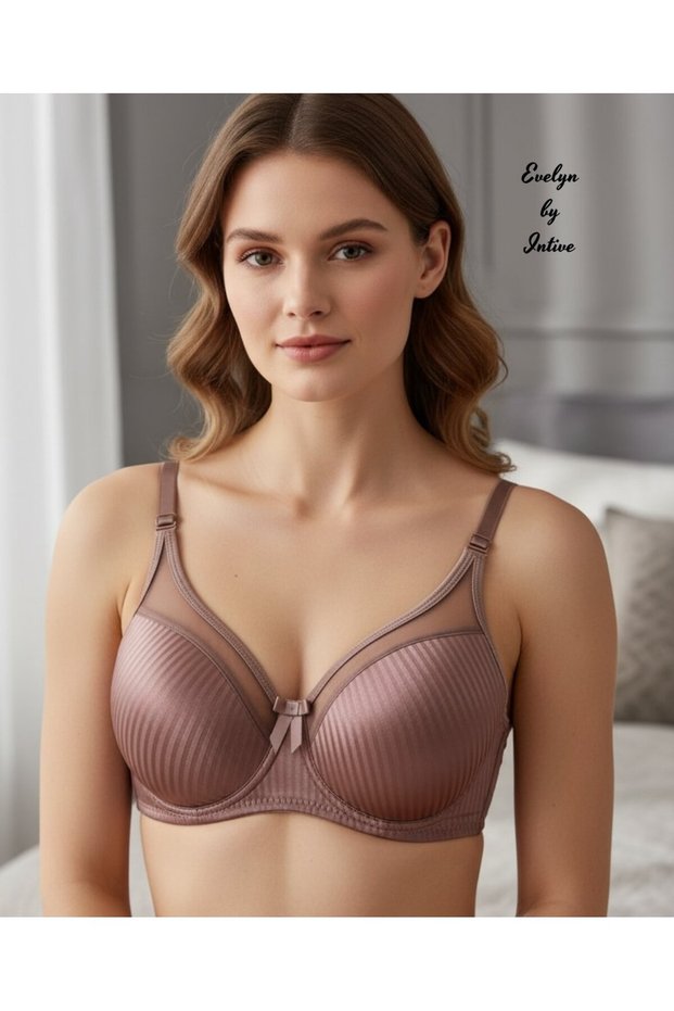 Evelyn Shiny Satin Line Detail C Cup Underwire Unpadded Stylish Bra with Tulle Detail on the Front