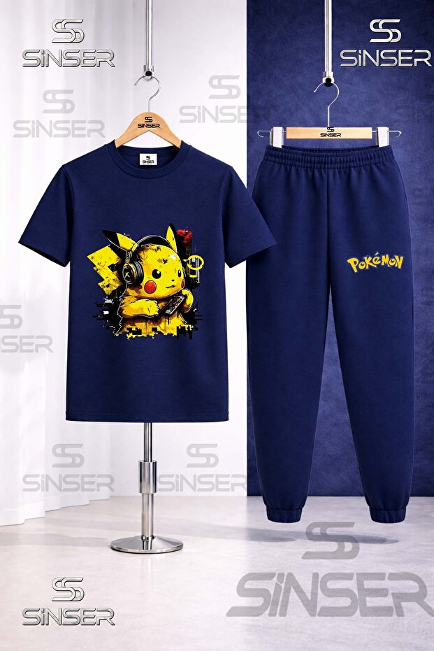 Children's Pikhacu Headphone Half Printed T-Shirt Tracksuit Set