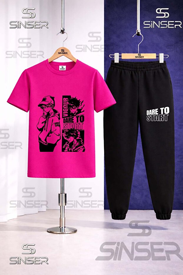 Children's Dare to Start Black Printed T-Shirt Tracksuit Set