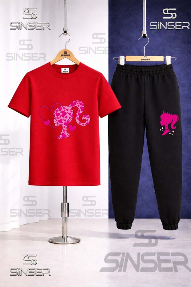 Children's Brbia Head Heart Pattern Printed T-Shirt Tracksuit Set