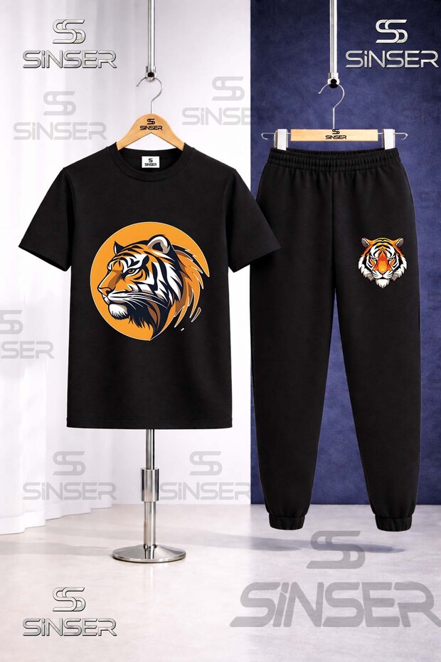 Children's Tiger Head Circle Printed T-Shirt Tracksuit Set