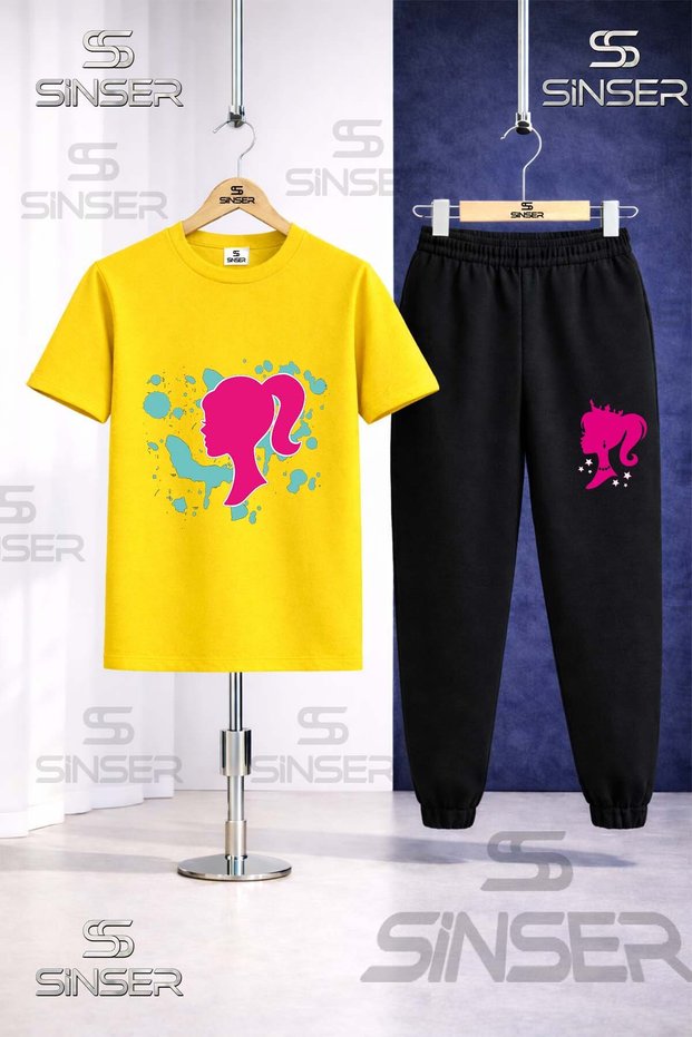 Children's Brbia Head Turquoise Painted Printed T-Shirt Tracksuit Set