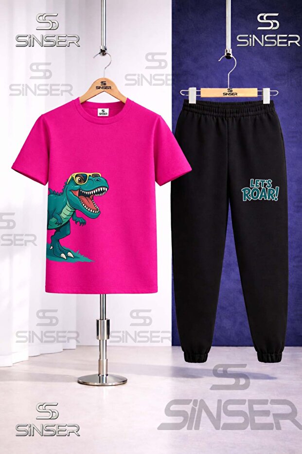 Children's Dinosaur Glasses Green Side Printed T-Shirt and Sweatpants Set