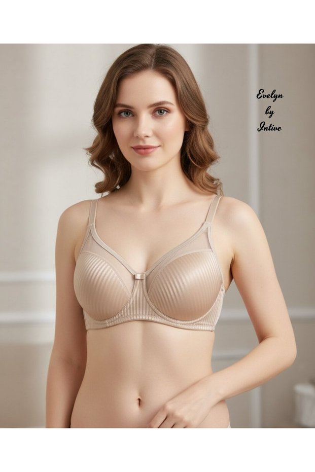 Evelyn Shiny Satin Line Detail C Cup Underwire Unpadded Stylish Bra with Tulle Detail on the Front