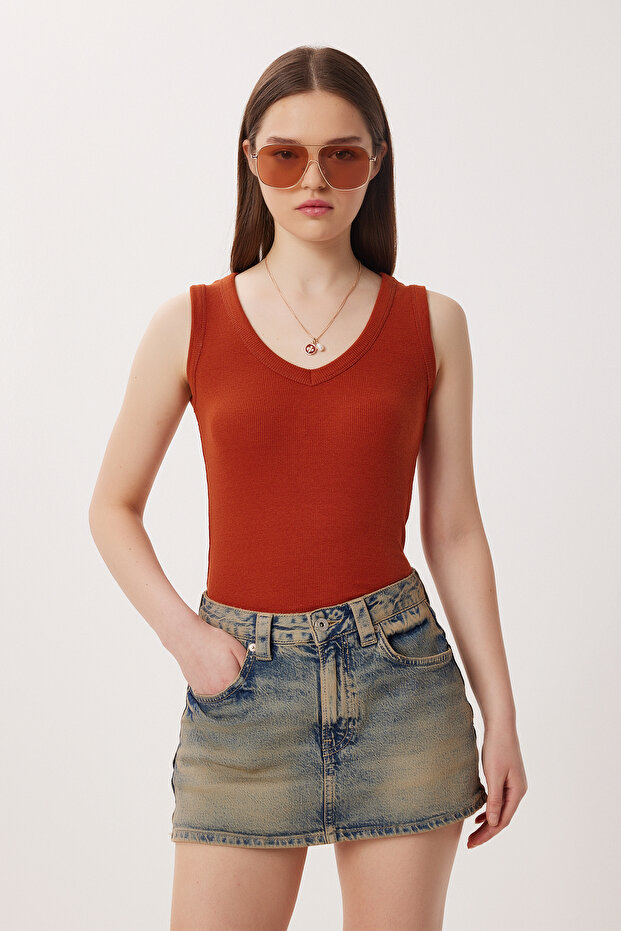 V Yaka Basic Fitilli Örme Bluz LRN0029 KİREMİT - 3
