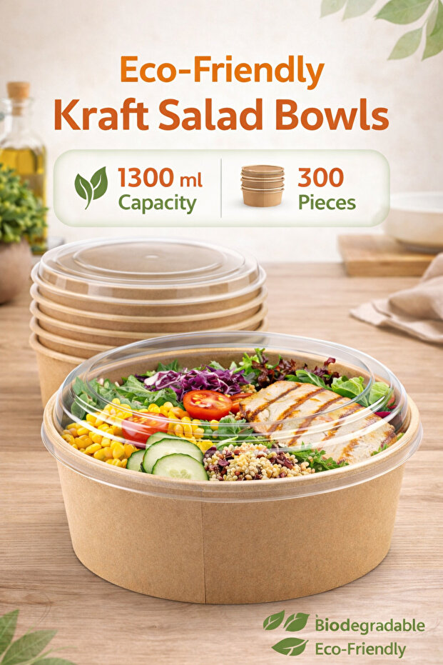 Kraft Salad Bowl with PET Lid | 1300 ml -300 Pieces | Round | Biodegradable & Eco-Friendly