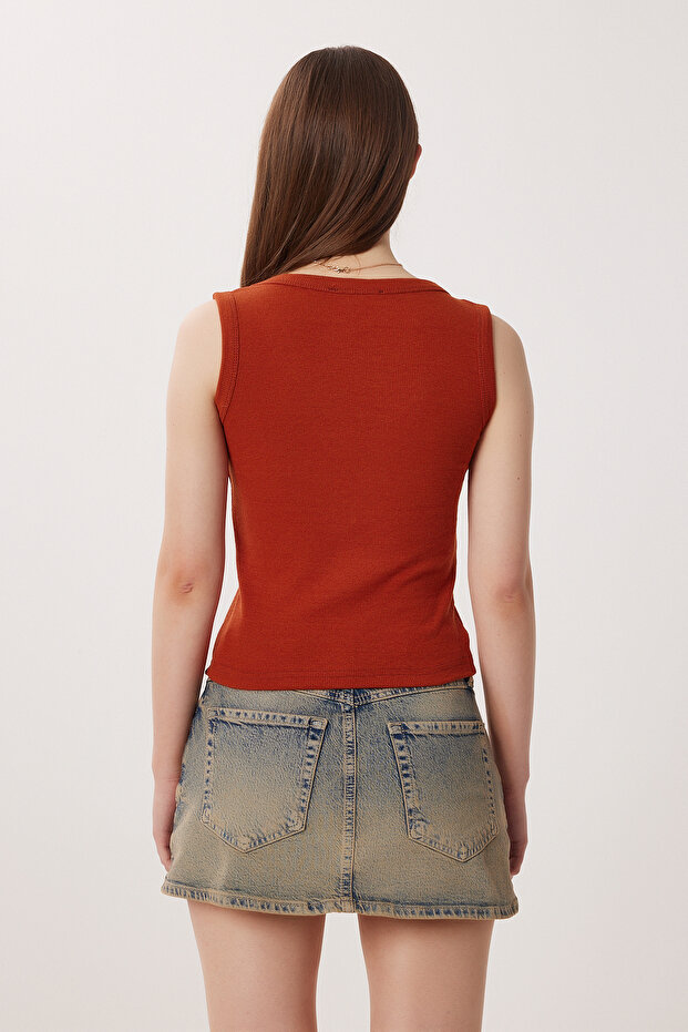 V Yaka Basic Fitilli Örme Bluz LRN0029 KİREMİT - 7