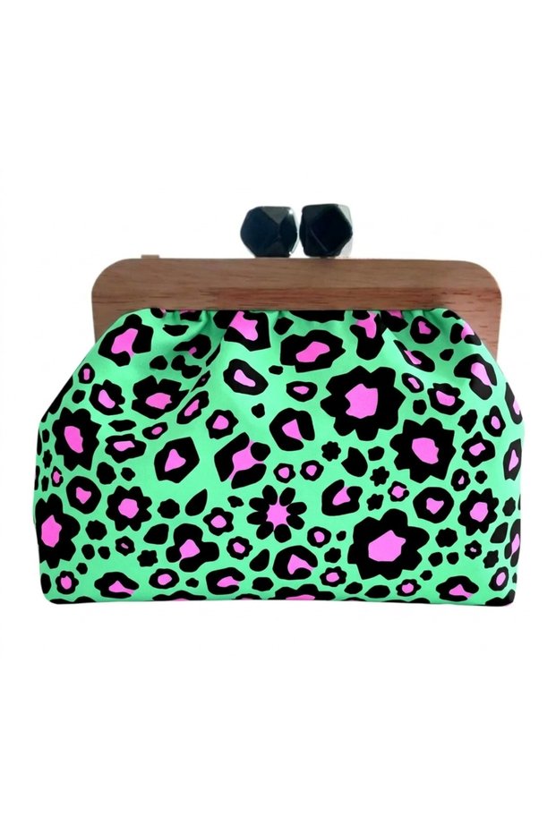 Neon Green Leopard Wooden Scholarship Chain Strap Clutch Shoulder Bag