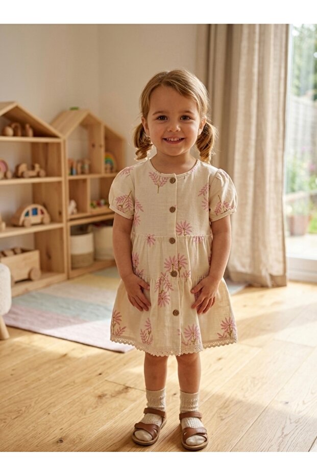Girl's Floral Patterned Front Buttoned Summer Dress