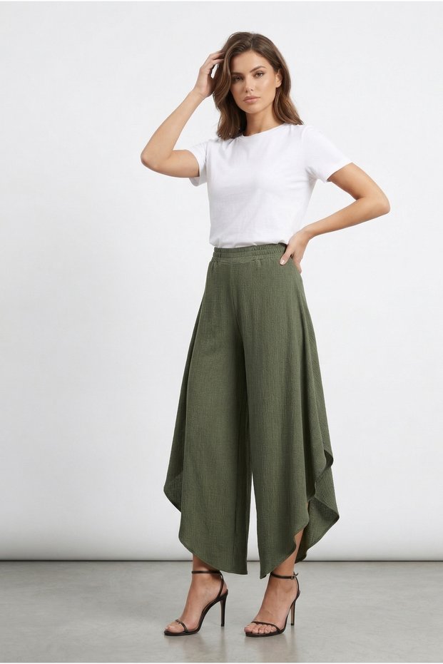 High Waist Asymmetrical Cut Loose Pants Skirt Look