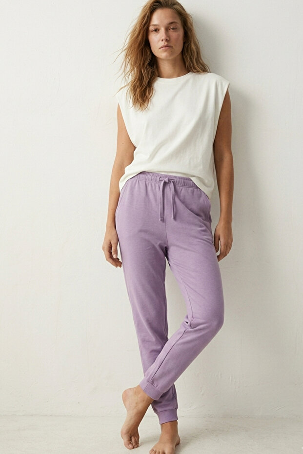 100% Cotton Compact Combed Single Jersey Women's Pajama Bottoms with Pockets Regular Fit Cuff Hem Flexible Anti-Sweat Lilac