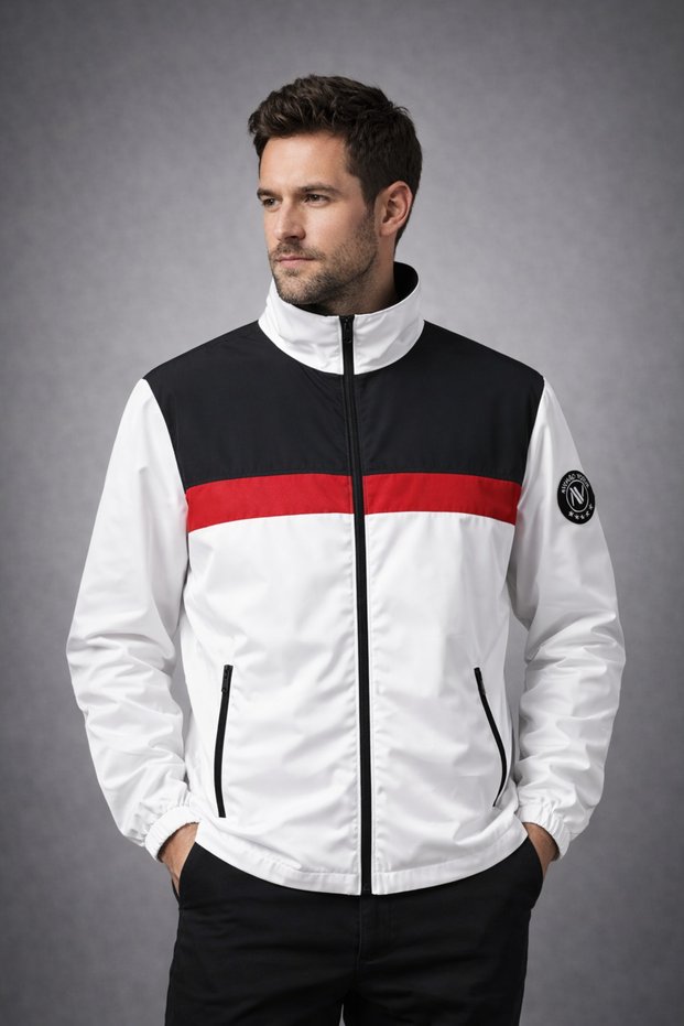 Men's Black Seasonal Jacket with Zipper, Stand Collar, Stripe Detail, Casual
