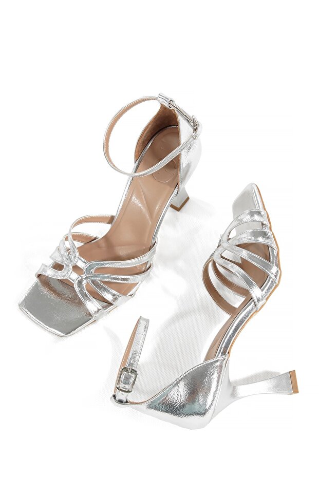 Silver Lame High Heel Evening Dress Shoes Multi-Strap Heeled Sandals Thinex