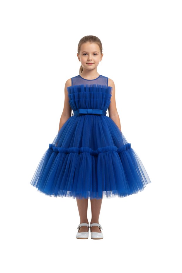 D' Daniela - Girls Bow Front Ruffle Mesh Gown Dress - Royal Blue & Sea Green 1Y to 10Y