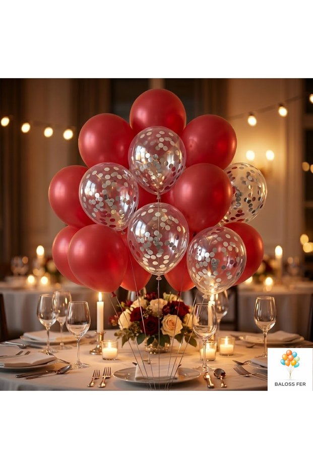 Red Balloon Set of 20 Silver Confetti Transparent Balloons Birthday Party Decoration