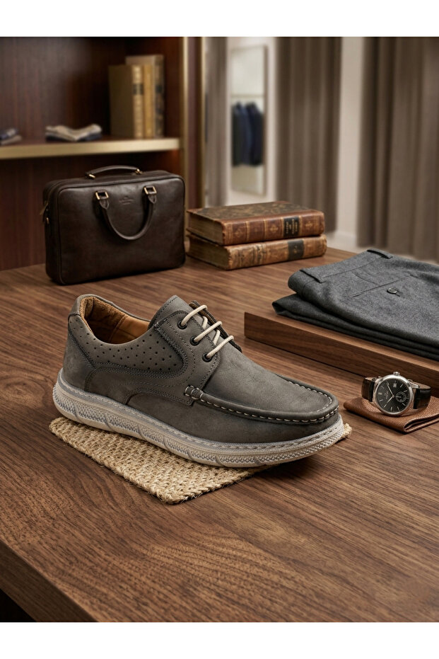 Birkan 1570 Gray Genuine Leather Lightweight Comfortable Orthopedic Daily Men's Shoes