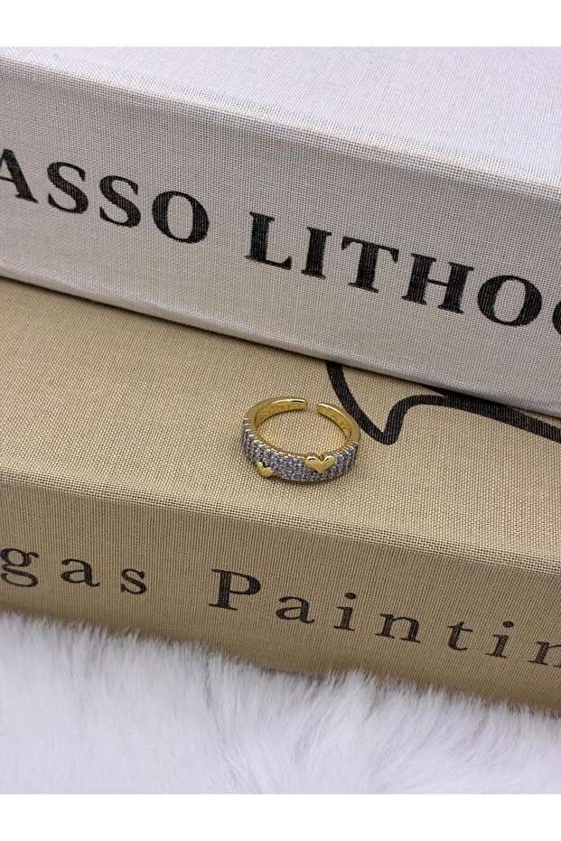 Gold Color Zircon Stone with Tiny Heart Detail Special Series Adjustable Brass Ring T3