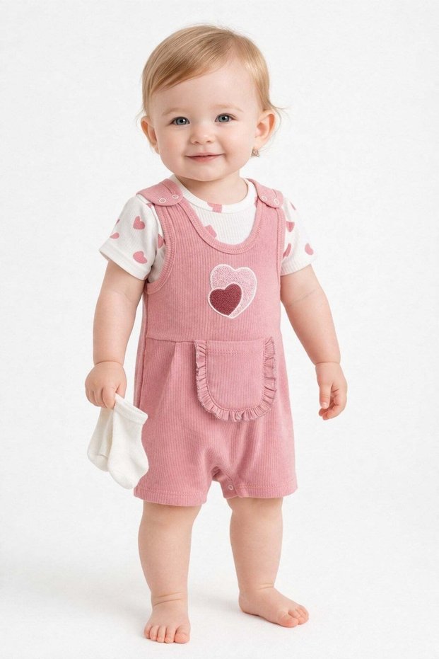 Baby Girl 3-Piece Set Heart Embroidered Ribbed Salopet Jumpsuit + Short Sleeve Snap-On Bodysuit + White Socks 3-