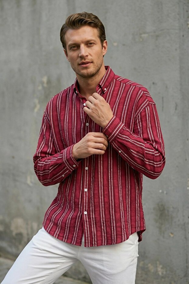 Self-Patterned (Wrinkle Effect) Thick Striped Men's Long-Sleeved Red Shirt Ls-13045